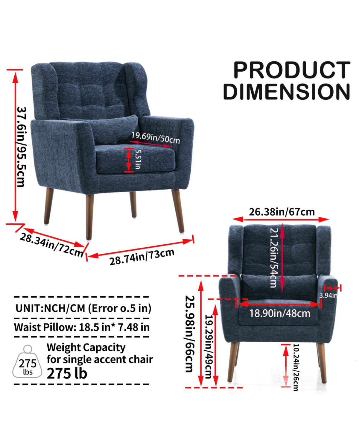 Rainsken Chenille Accent Chair, Modern Upholstered Armchair with Waist Pillow and Tapered Wooden Legs for Living Room