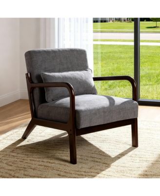 Mid Century Modern Accent Chair - Solid Wood Frame and Detachable Lumbar Pillow, Comfy Linen Armchair for Living Room, Bedroom