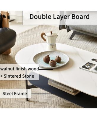 Oval Double Layer Coffee Table - Modern Center Table with Sintered Stone Top and Wood Storage Shelf for Living Room, Home Office