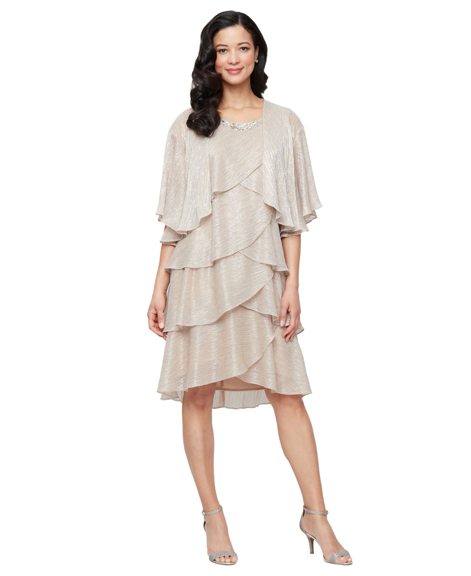 Petite Crewneck Embellished Tiered Jacket Dress