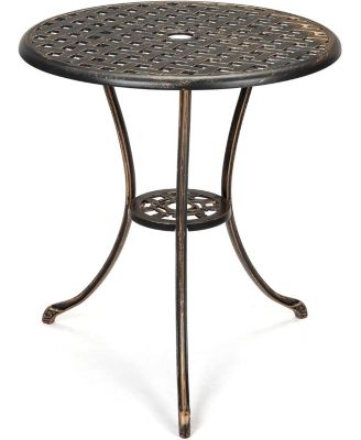 24" Round Patio Bistro Table, Cast Aluminum Outdoor Cafe Table with Umbrella Hole, Porch, Backyard, Classic Pattern