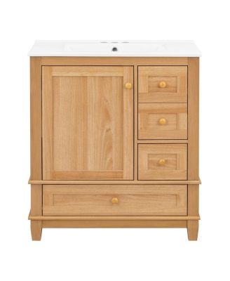 30"   Wood Grain Freestanding Bathroom Vanity, Ceramic Sink With Soft-Close Drawers & Doors, Ample Storage