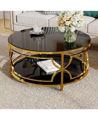 Round Tempered Glass Coffee Table, Modern 2-Tier Center Table, Luxurious Geometric Metal Frame for Living Room