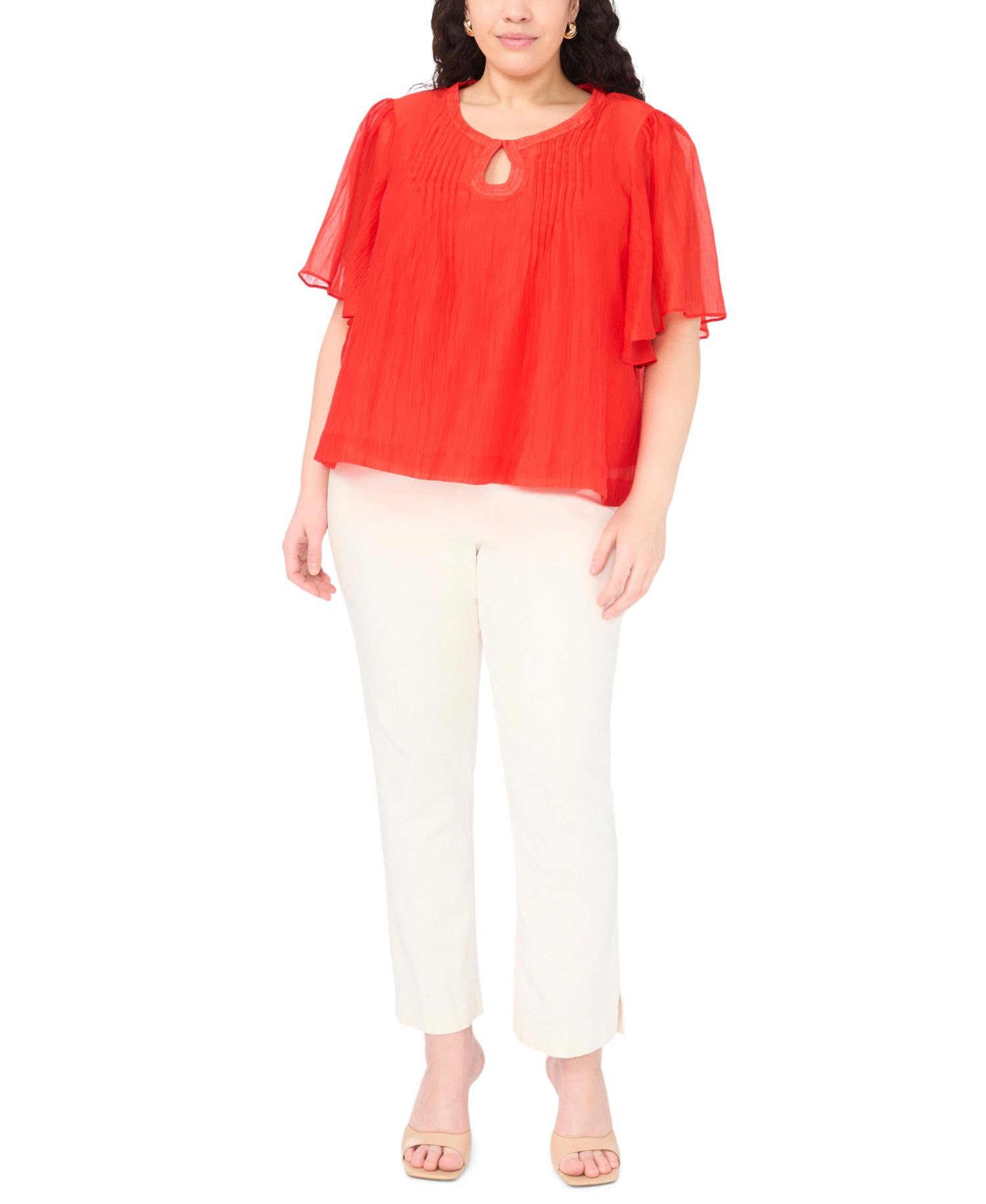 Plus Size Front Cutout Flutter-Sleeve Keyhole Neck Blouse