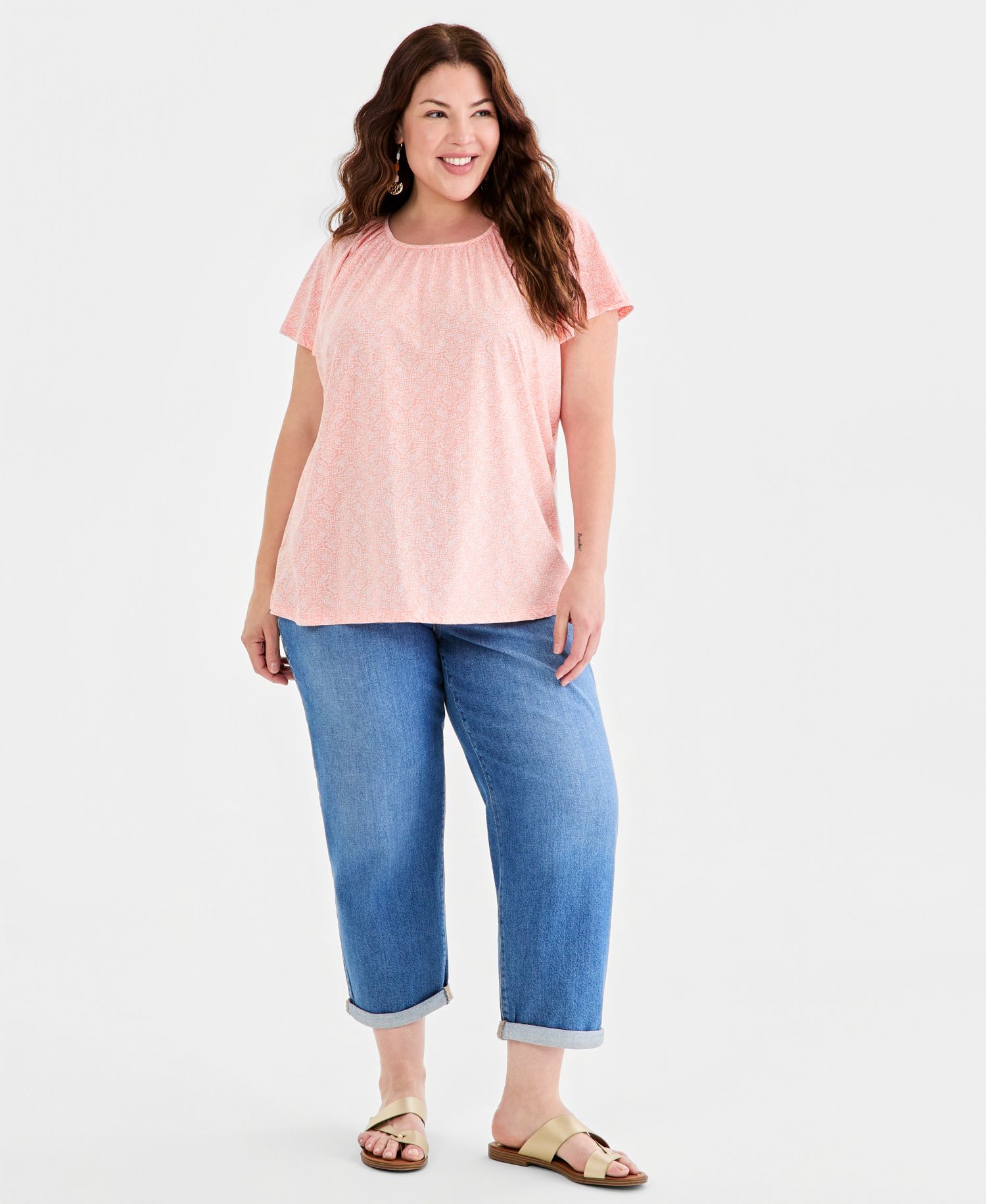 Plus Size Printed Scoop-Neck Flutter-Sleeve Top