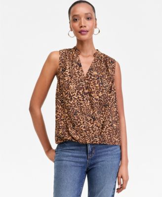 Women's Sleeveless Printed Faux-Wrap Blouse