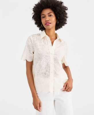 Women's Crystal Embellished Short-Sleeve Button-Down Shirt