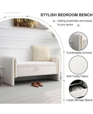 Upholstered Storage Ottoman, Modern Teddy End of Bed Bench, Window Storage Stool with Arms for Living Room, Bedroom
