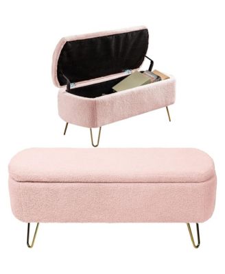 Modern Storage Ottoman Bench - Oval Faux Fur Entryway Bench, End of Bed Bench with Gold Legs for Living Room, Bedroom