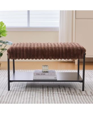 30.7" Wide Upholstered Ottoman, Faux Fur Footstool with Wooden Open Storage Shelf and Black Metal Legs for Living Room