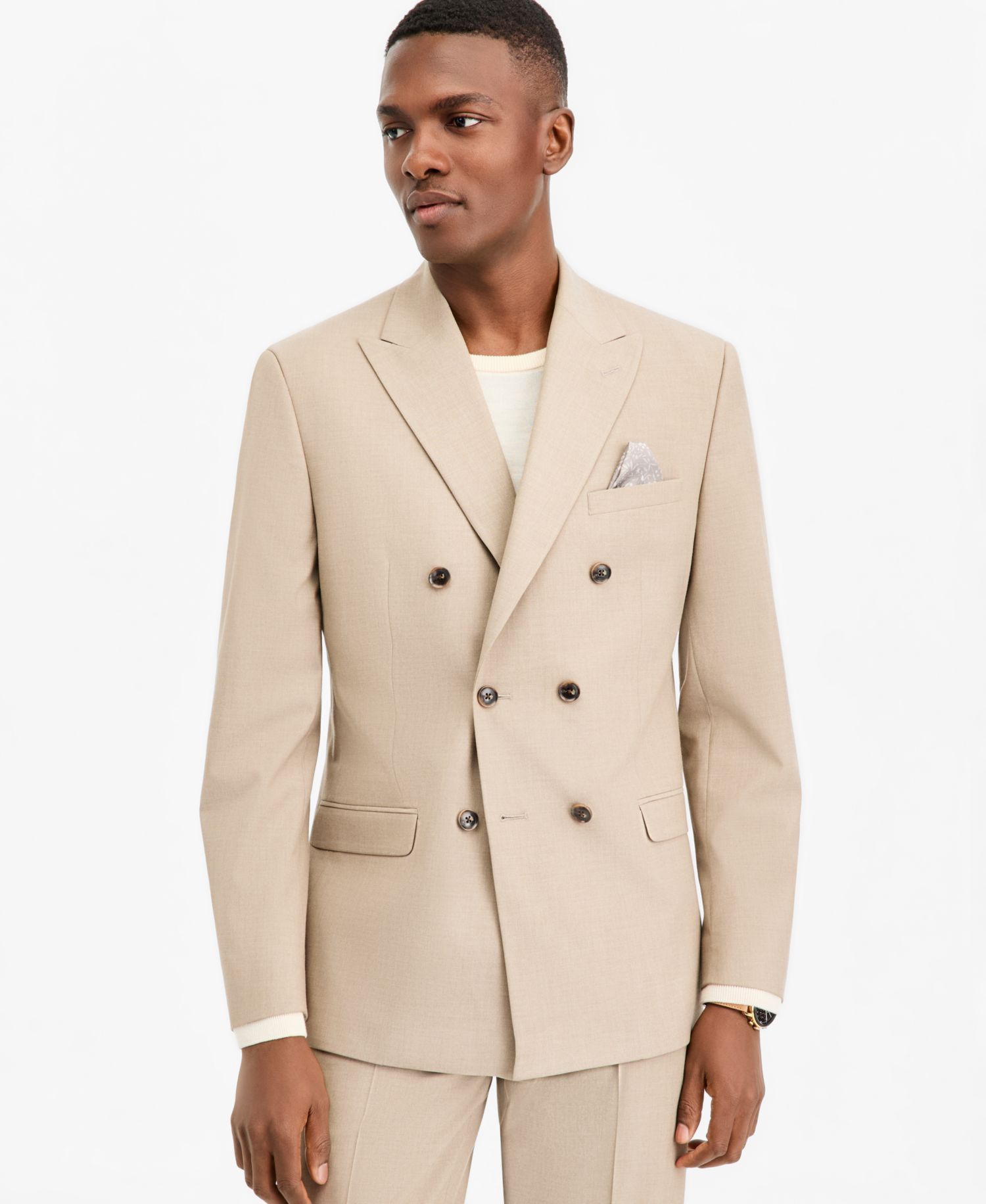 Men's Slim-Fit Tan Solid Double-Breasted Suit Separates