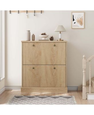 Fluted Shoe Cabinet with 2 Flip Drawers, Hidden Wooden Shoe Cabinet with Adjustable Shelf, Freestanding Shoe Storage Cabinet