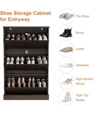 Fluted Shoe Cabinet Storage with 3 Flip Drawers, Wooden Fluted Narrow Shoe Organizer with Adjustable and Removable Shelves