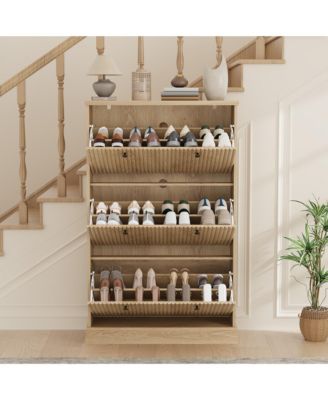 Fluted Shoe Cabinet Storage with 3 Flip Drawers, Wooden Fluted Narrow Shoe Organizer with Adjustable and Removable Shelves