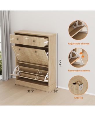 Fluted Shoe Storage Cabinet with 2 Flip Drawers and Top Drawer, 42" Tall Narrow Shoe Organizer, Curved Profile Design