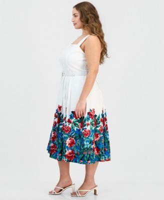 Tahari Women's Belted Border Print Midi Dress - White - Casual dresses
