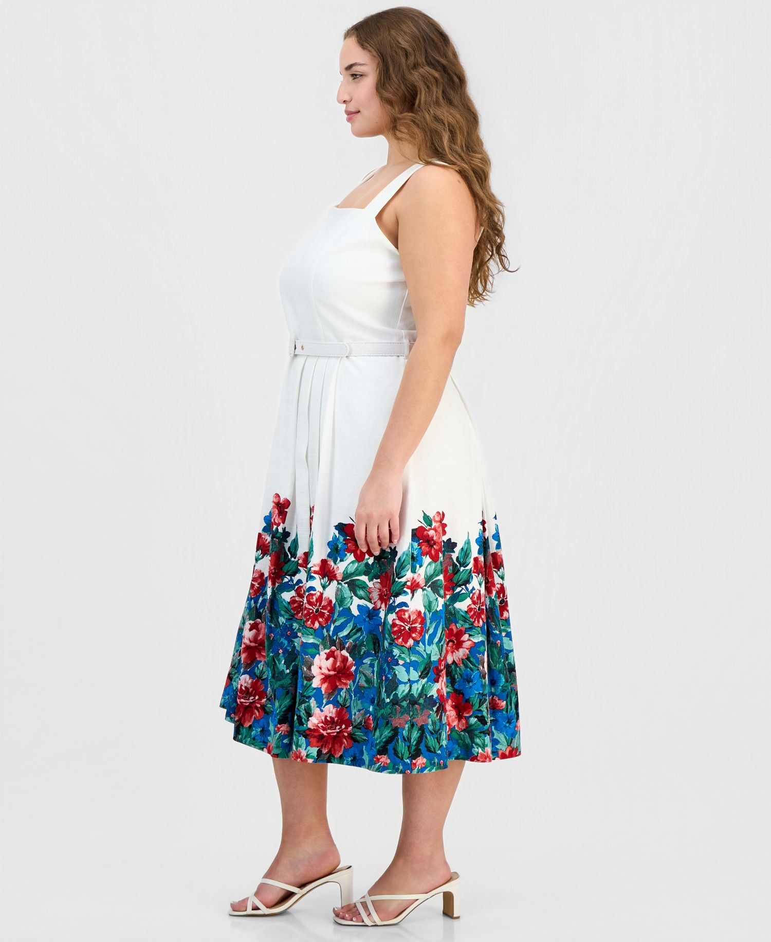 Plus Size Border-Print Sleeveless Belted Dress