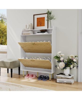 Slim Space-Saving Shoe Cabinet – 2 Turnover Drawers, Freestanding Hidden Storage Organizer, Adjustable Shelf, Scrape-Resistant