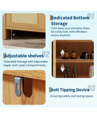 Rattan Shoe Cabinet for Entryway, Wooden Shoe Rack Freestanding Storage Cabinet with Adjustable Shelves for Living Room Hallway