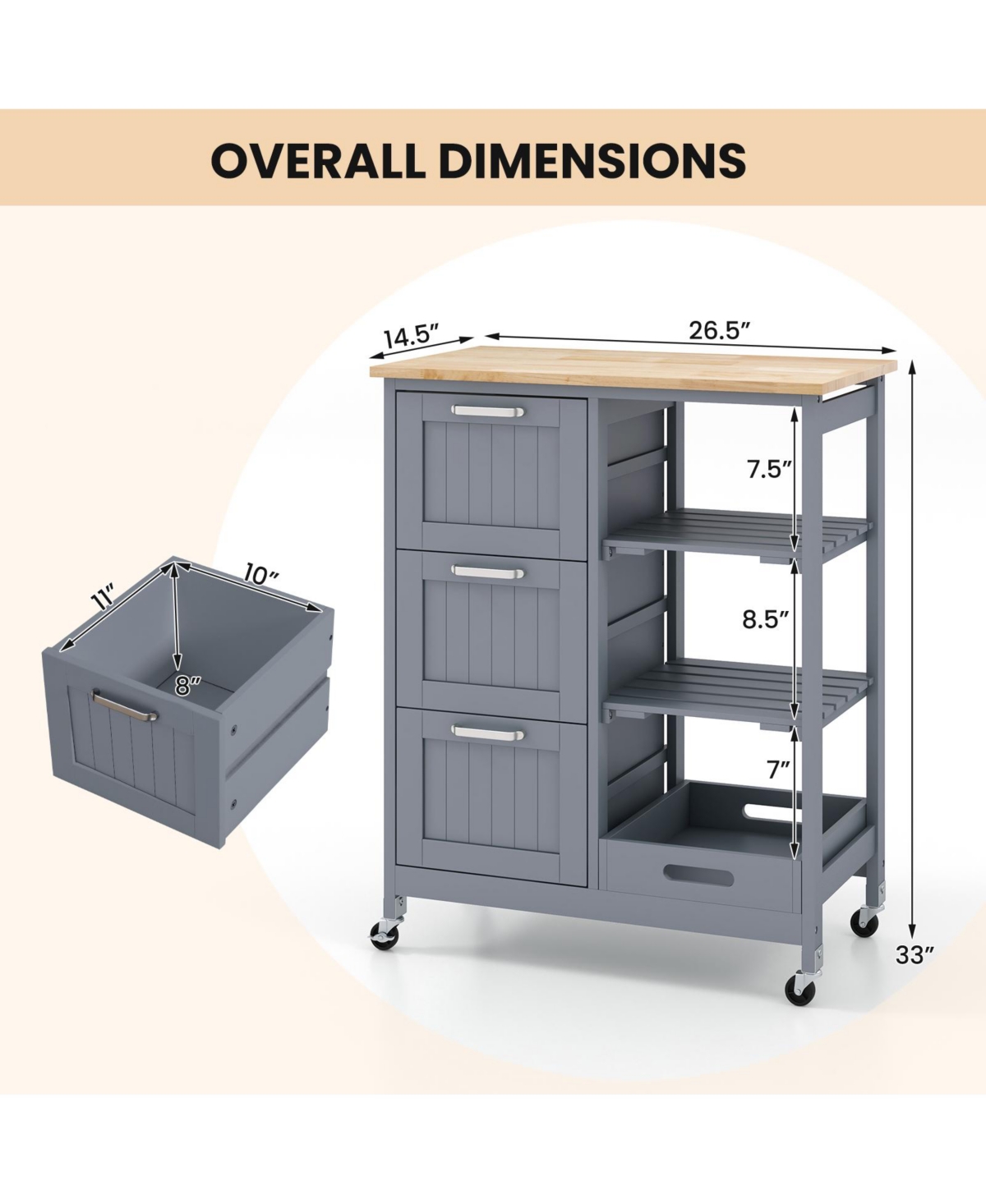Sugift Kitchen Island Cart with Wood Top Drawers and Removable Tray
