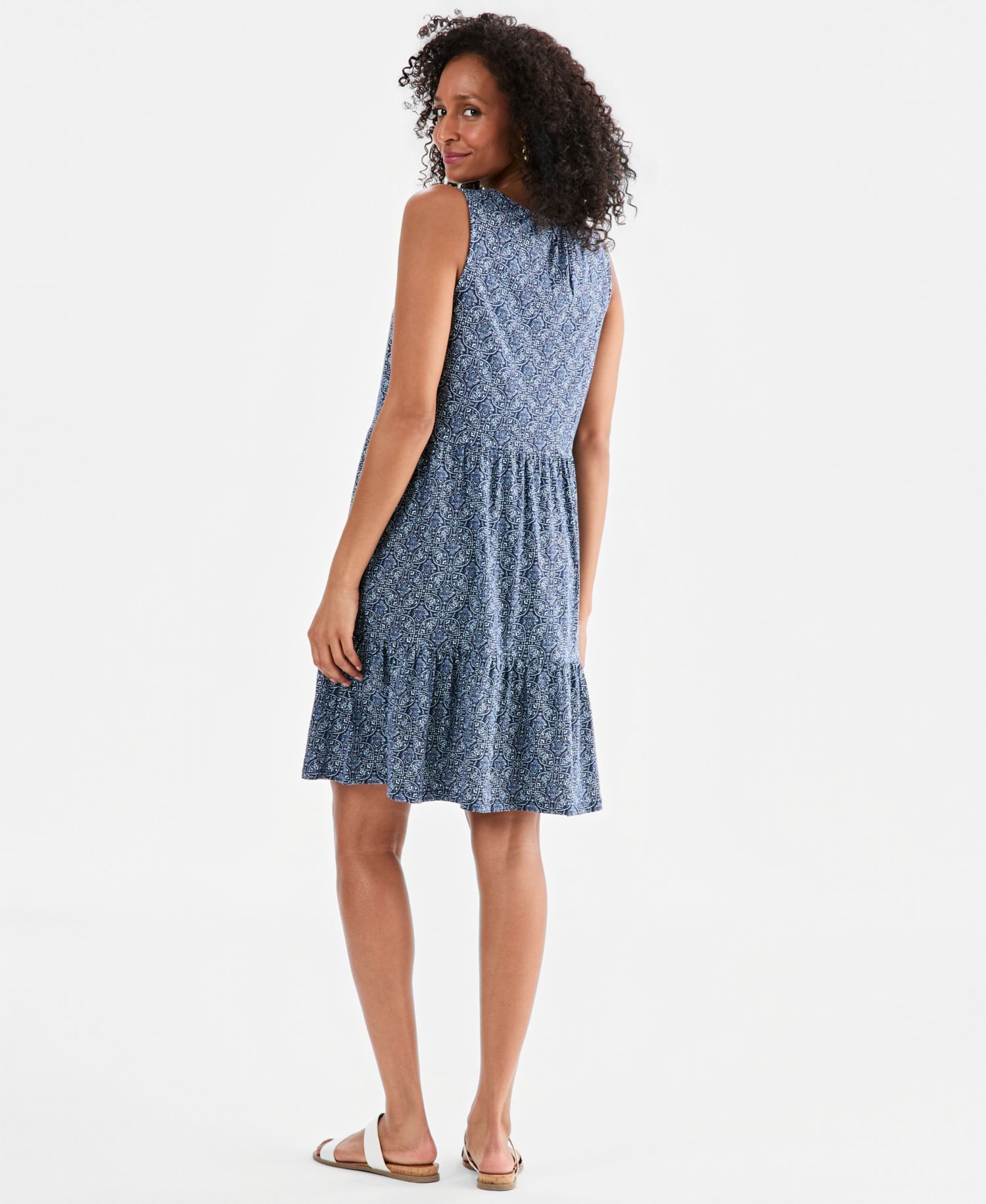 Petite Printed Round-Neck Tiered Tank Dress