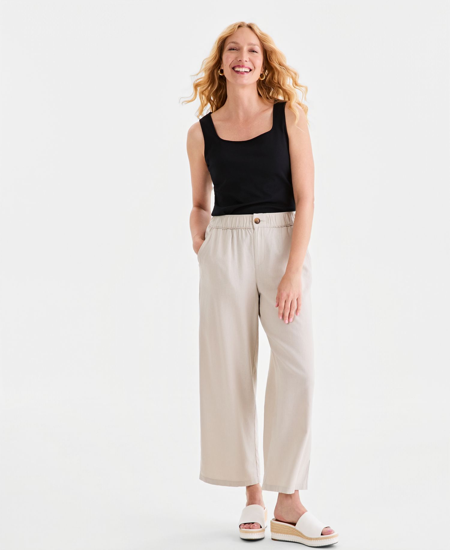 Women's Linen Blend Button-Front Wide-Leg Pants