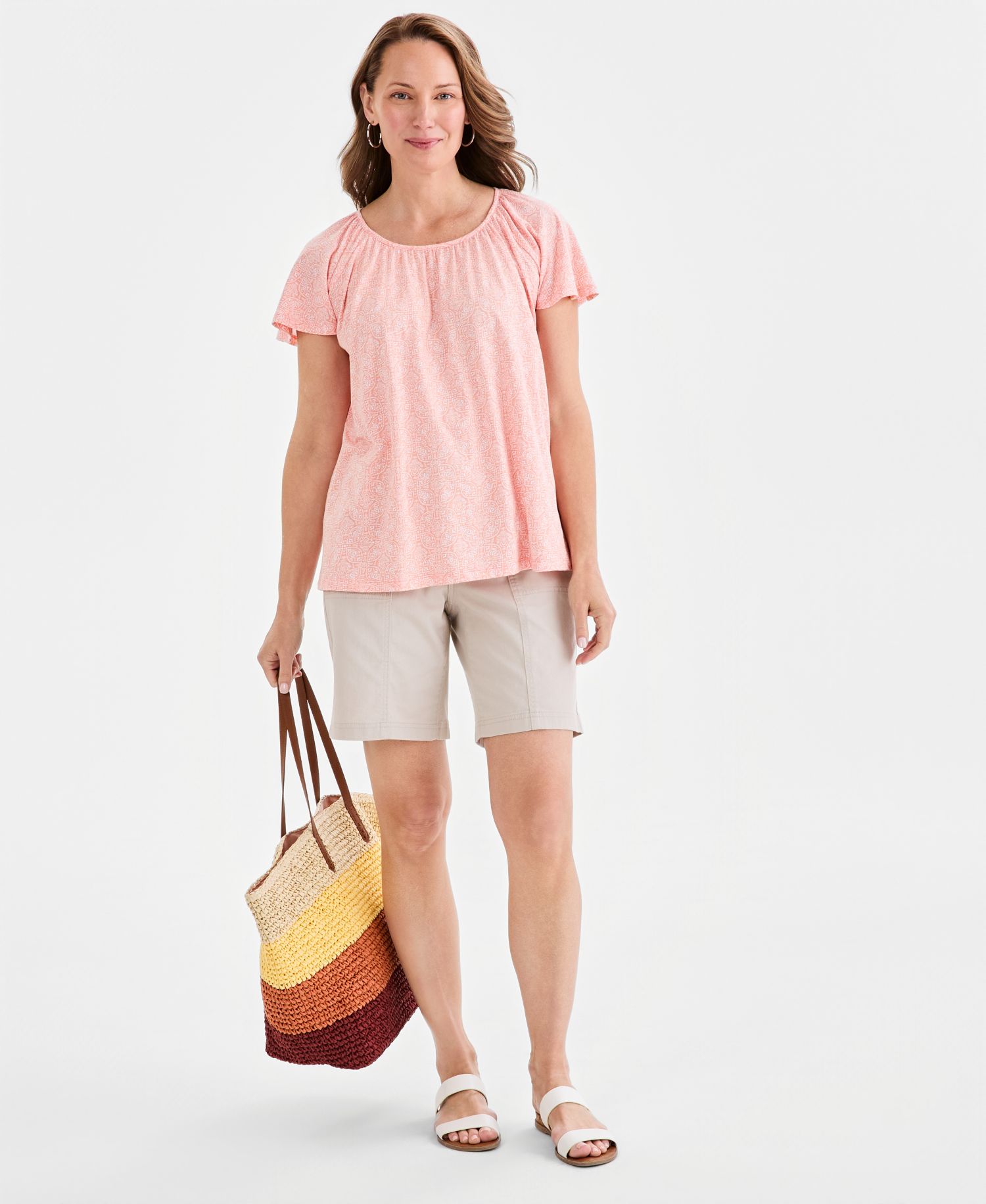 Women's Printed Scoop-Neck Flutter-Sleeve Top