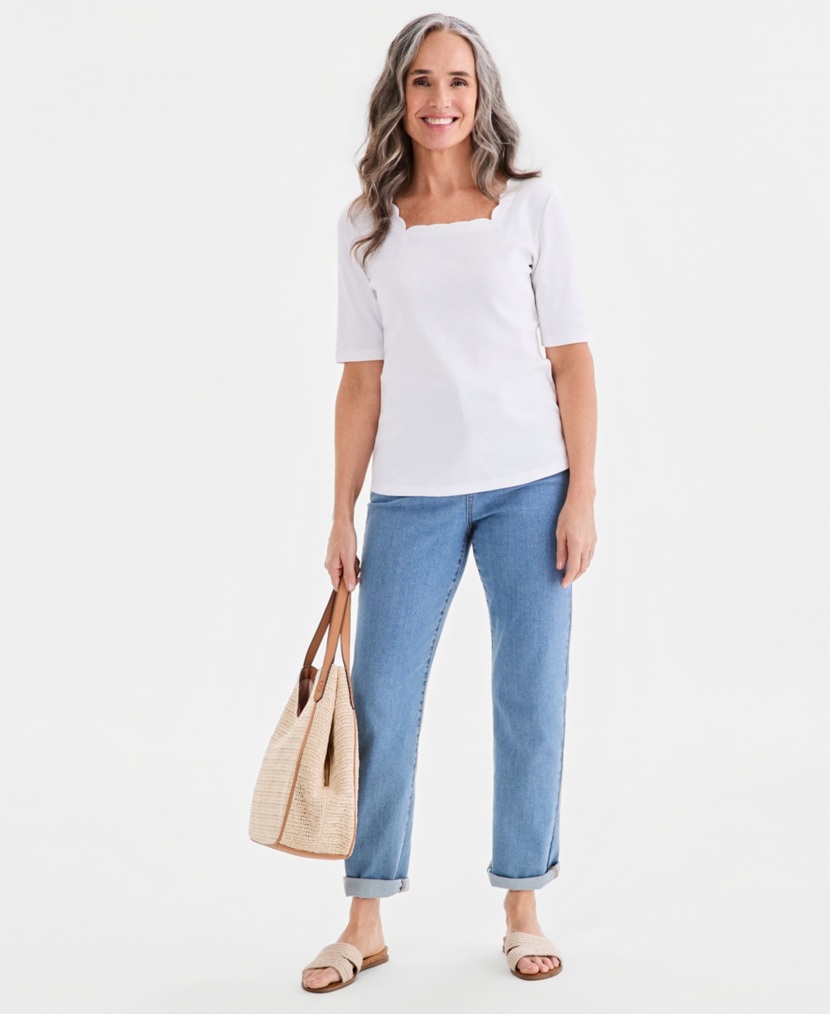 Style & Co Women's Cotton Scalloped Square-Neck Top, Macy's Exclusive