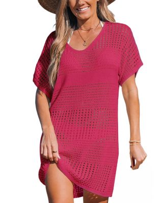 Women's Beige Crochet Short Sleeve Cover-Up Dress