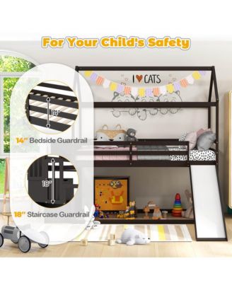 Loft Bed w/ Slide and Storage Staircase Twin Over Twin House-shaped Bunk Bed