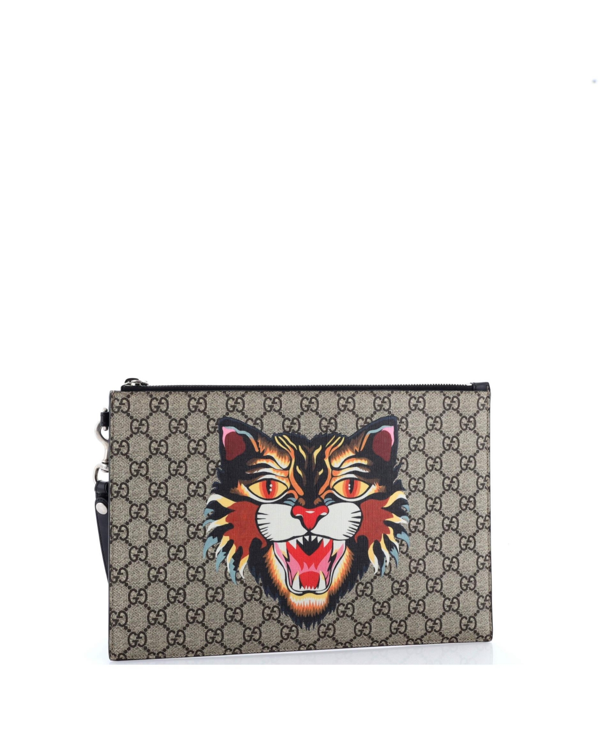 Pre-Owned Gucci Large Zipped Pouch Angry Cat Gg Coated Canvas