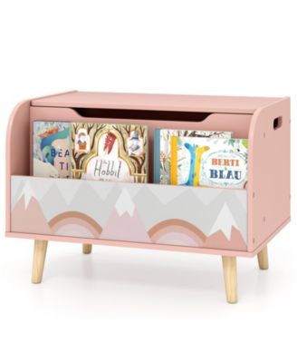 Kids Wooden Toy Box with Front Bookshelf and Solid Wood Legs