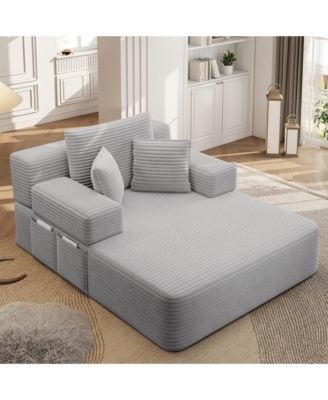 Plush Corduroy Convertible Chaise Chair, Sofa Bed with Storage Pocket and 3 Pillows, Frameless Design and Compression Foam for Living Room