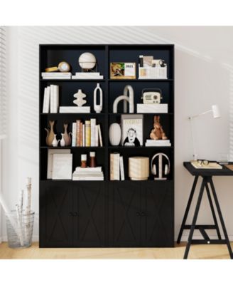 Tall Freestanding Bookshelf with Cabinet and Open Shelves