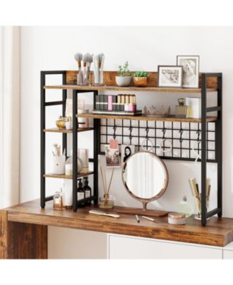 Desktop Shelf Rack with Metal Grid Panel and Hanging Hooks
