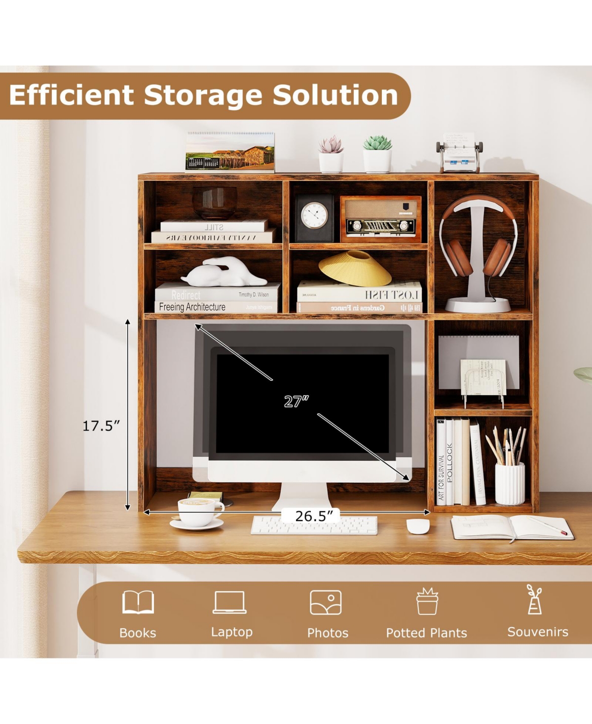 Sugift Desktop Bookshelf with Adjustable Shelves and Storage Cubes