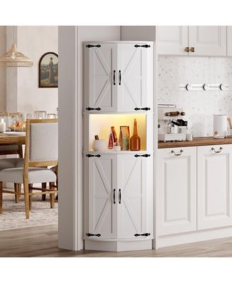 64.6" Farmhouse Corner Cabinet with LED Light, Tall Bathroom Cabinet with 4 Barn Doors and 5 Tier Shelves, Freestanding Corner Bar Cabinet