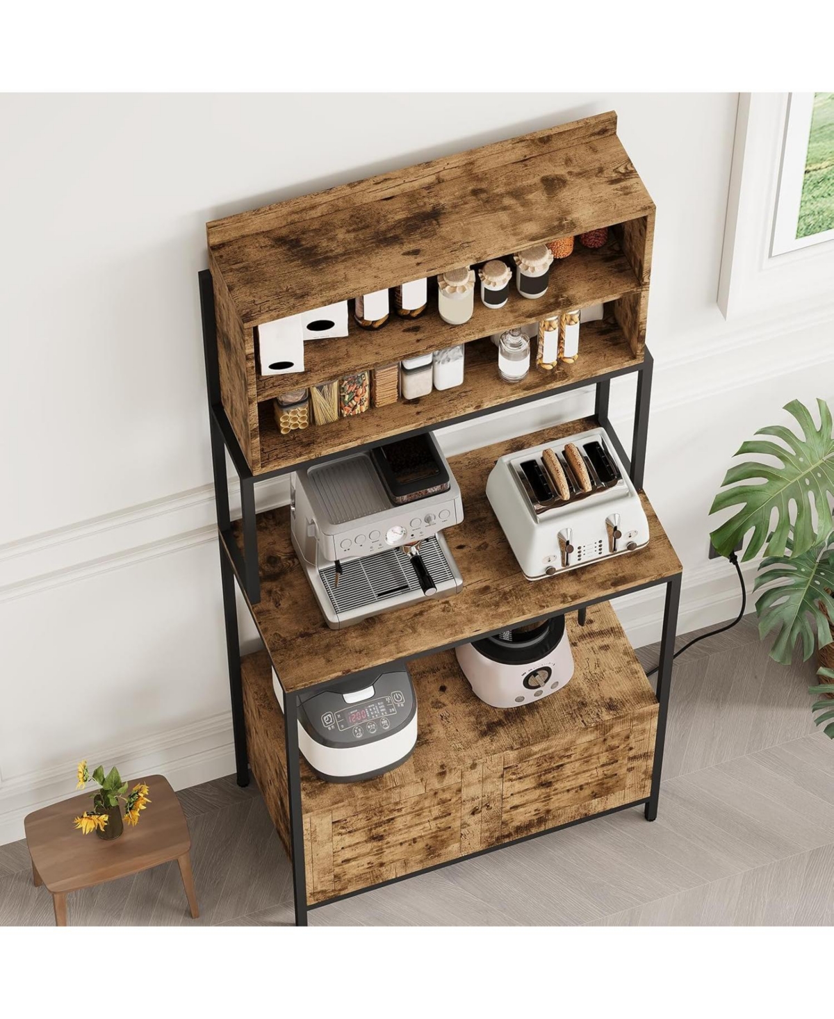 gaomon 67.7'' baker s rack with power outlet, 5 tier farmhouse microwave stand with shelves and cabinet, rustic kitchen storage rack, easy assembly.