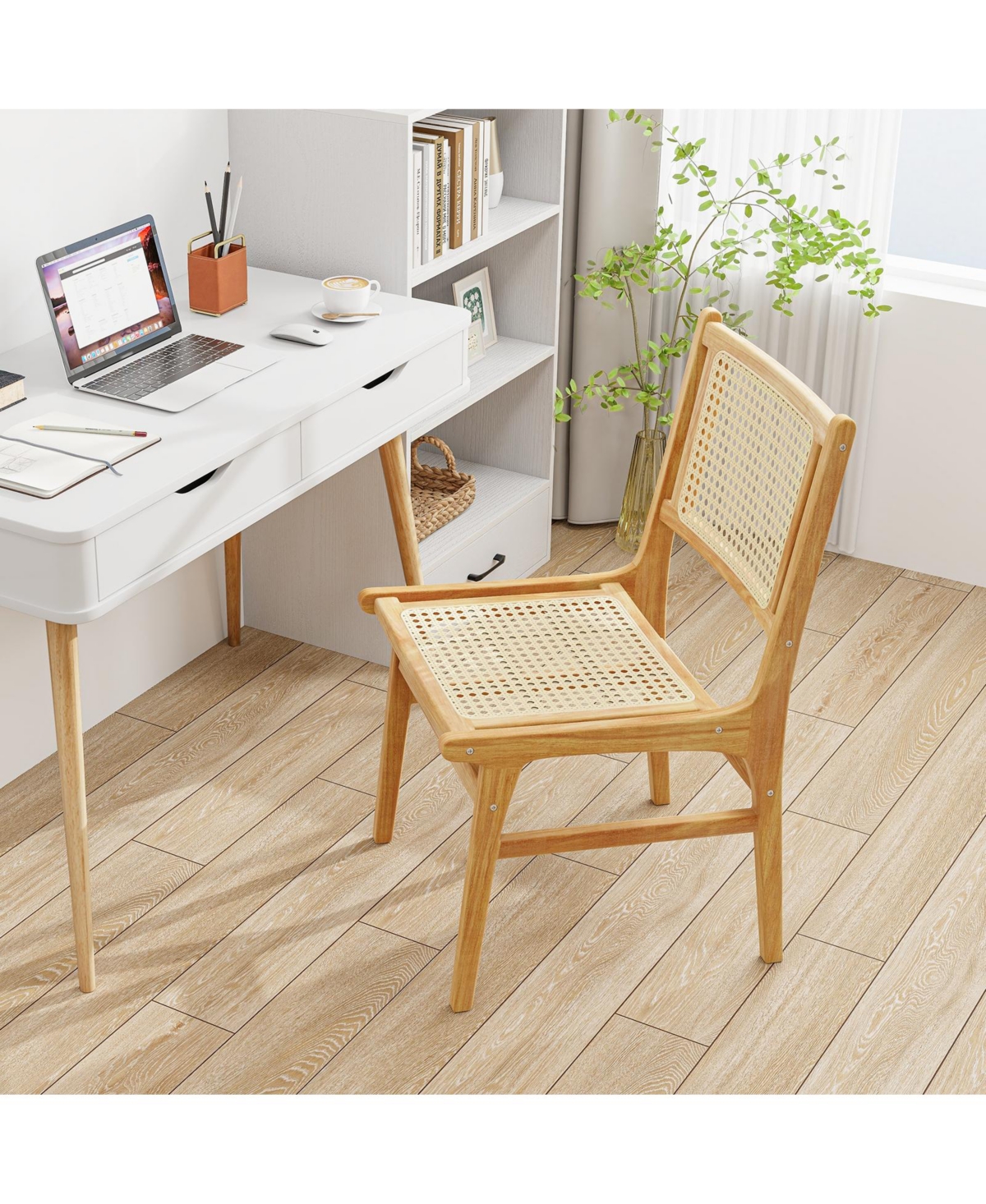 Sugift Rattan Dining Chair with Cane Backrest and Wood Frame