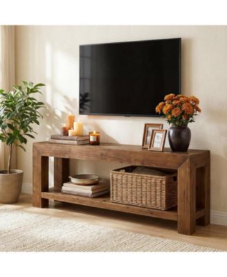 Solid Wood TV Stand for TVs up to 75'', 63" TV Console Entertainment Center with Open Storage Shelves
