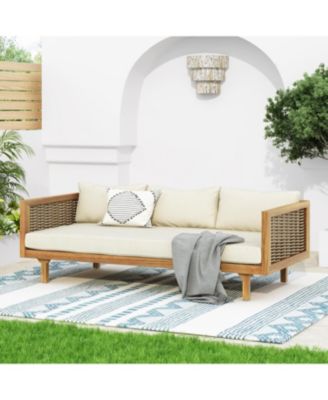 Weather Resistant Wicker Patio Conversation Set with Acacia Wood Coffee Table Water Resistant Thick Beige Cushions for Garden Patio Deck