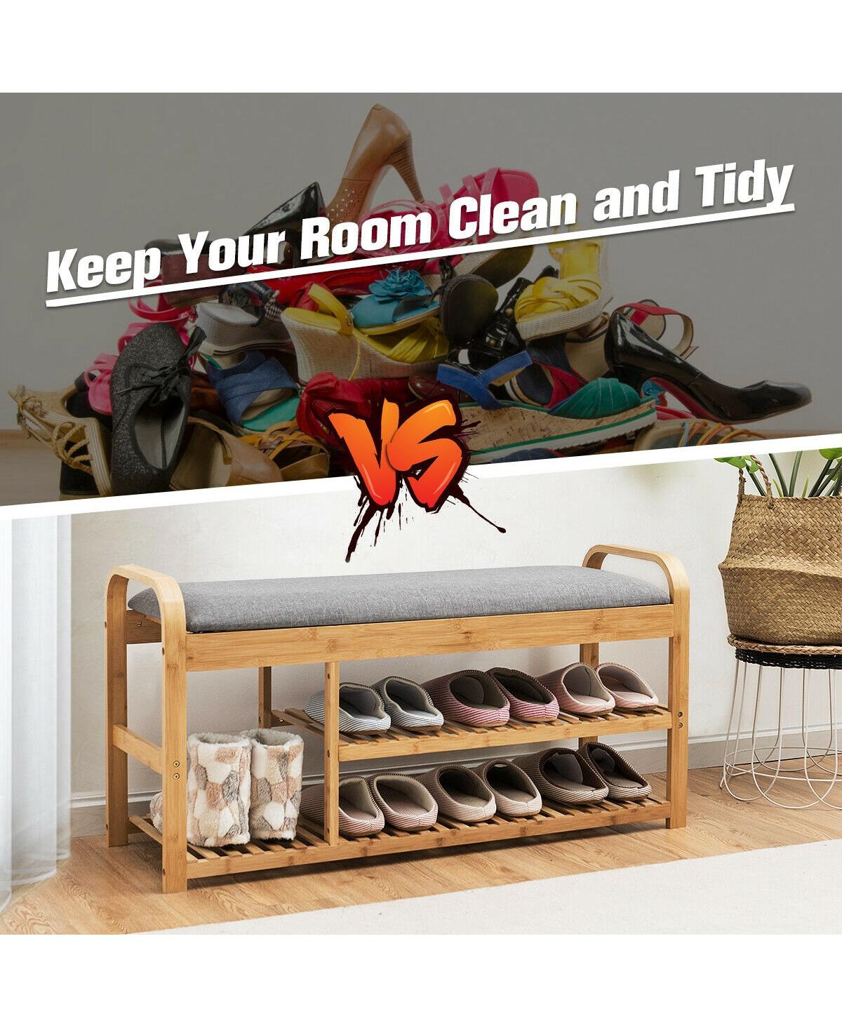 Sugift Bamboo Shoe Rack Bench with Cushion and Tiered Storage