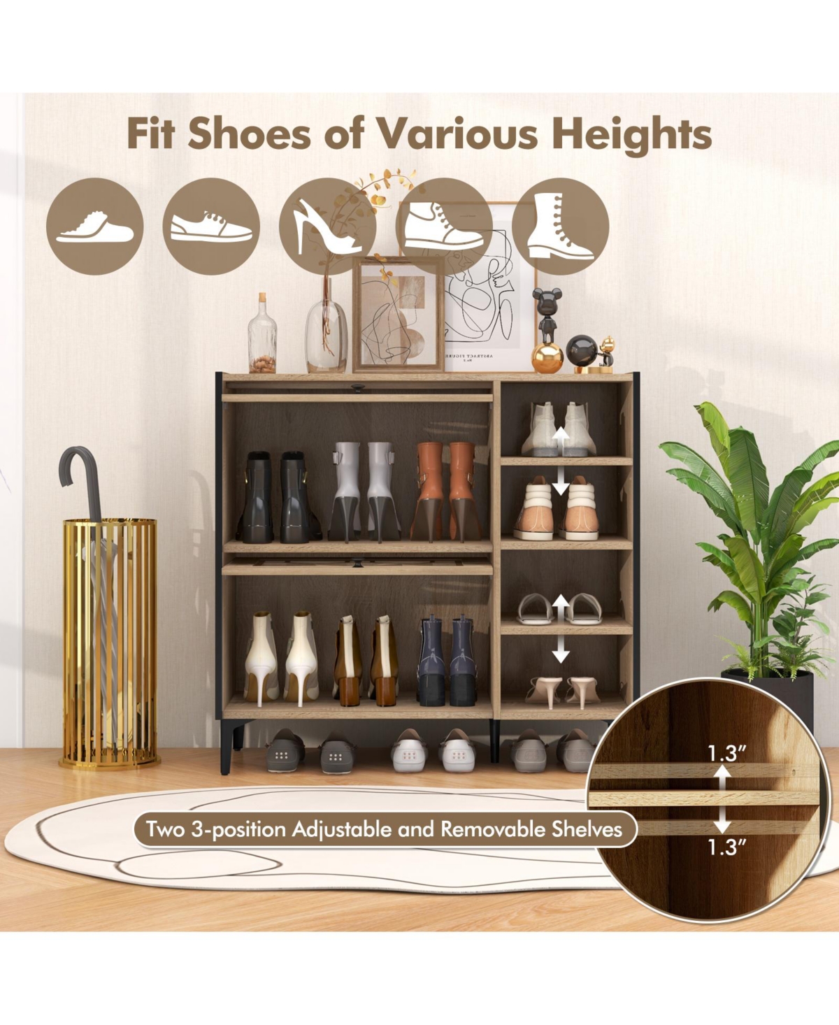 Sugift Rustic Shoe Cabinet with Flip Doors and Adjustable Shelves