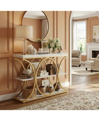 39" Narrow Console Table for Entryway, Industrial 3-Tier Sofa Table, Round Metal Base, Storage Shelves