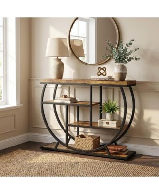 39" Farmhouse Entryway Table with Storage, 4-Tier Wooden Console, Metal Geometric Frame, Space-Saving