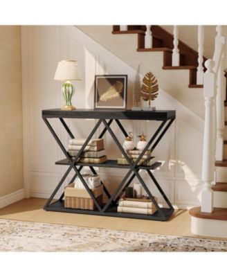 Industrial 3-Tier Console Table with X Metal Frame, Sofa Table with Storage Shelves, Entryway or Living Room