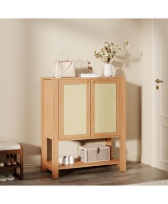 Rattan Shoe Cabinet for Entryway, 5-Tier Farmhouse Organizer Rack Narrow Shoe Storage Cabinet with 2 Doors and Open Shelf for Foyer Hallway