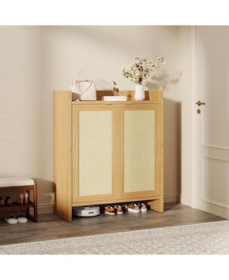Freestanding Wooden Rattan Shoe Cabinet with Adjustable Shelves and Guardrail Top