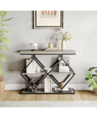 3-Tier Entryway Table, Industrial Console Sofa Table, Open Storage Shelves, Diamond Metal Frame