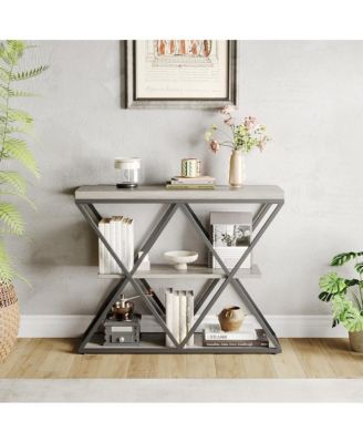 Industrial 3-Tier Entryway Table, Double X Metal Frames, 2 Storage Shelves, Rustic Wood, Living Room or Hallway